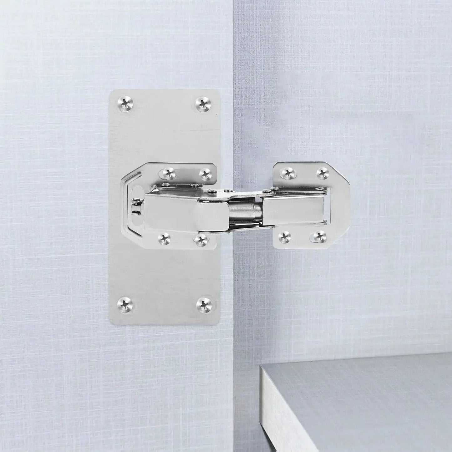 Side view of Hydraulic Soft Close Wardrobe Hinge Set Two Pack Concealed Cabinet Door Hinges installed on a cabinet door.