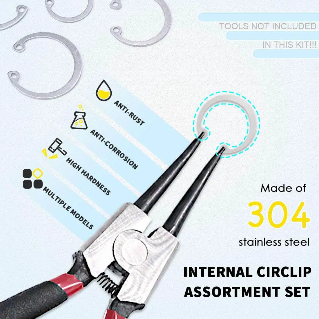Internal Snap Ring Set 304 Stainless Steel, 200-Piece Assortment in 15 Common Metric Sizes with installation tool.