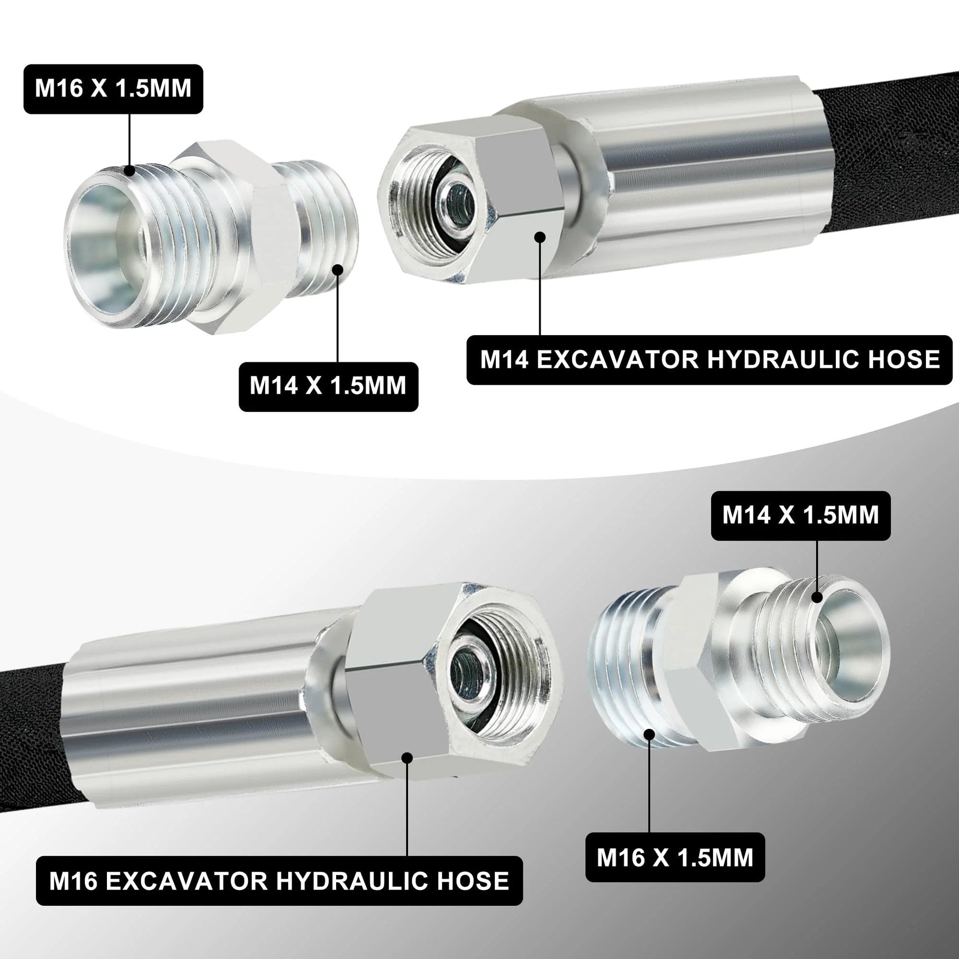 M14 To M16 Hydraulic Adapter Fittings 4 Pack For Mini Excavator Hose Connections With DIN Style BSP Threads, M14 X 1.5 To M16 X 1.5 Thread Compatibility