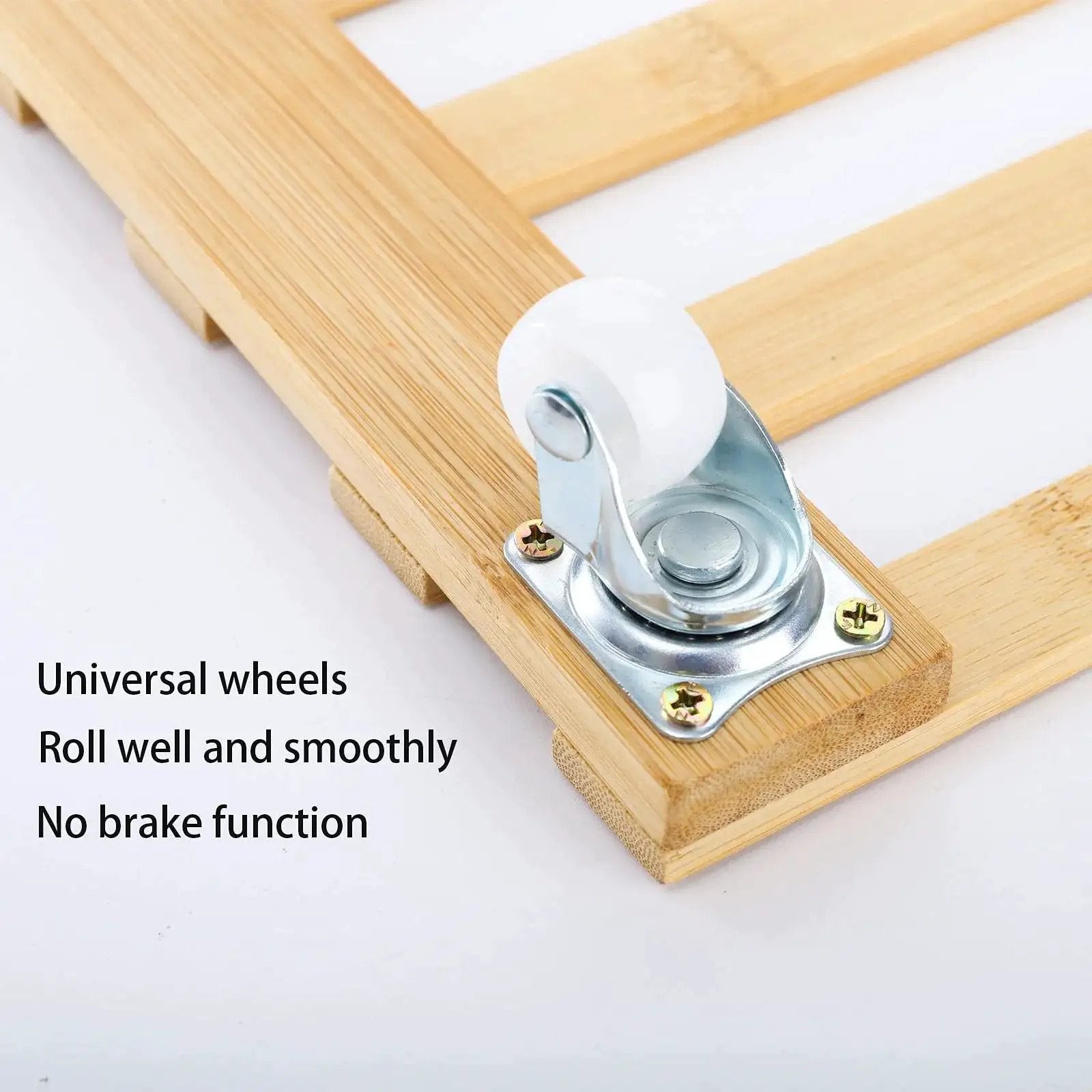 Close-up of wheel on Three Pack Bamboo Plant Caddies with Rolling Wheels, 12 Inch Square Plant Stands on Universal 360 Degree Rotating Dollies.