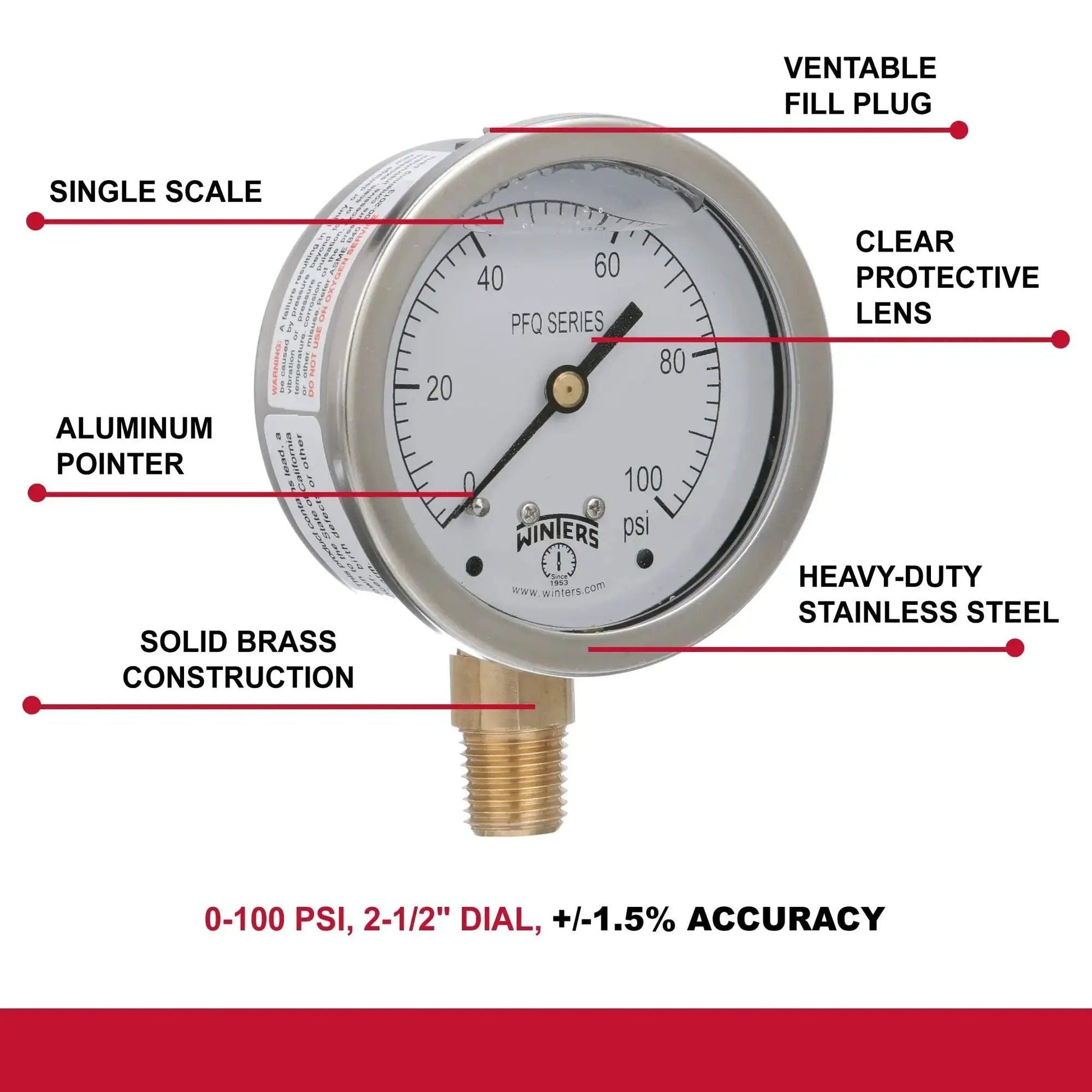 Industrial Grade Two And One Half Inch Dial Liquid Filled Pressure Gauge For Pumps And Compressors, Brass Internals, 304 Stainless Steel Case