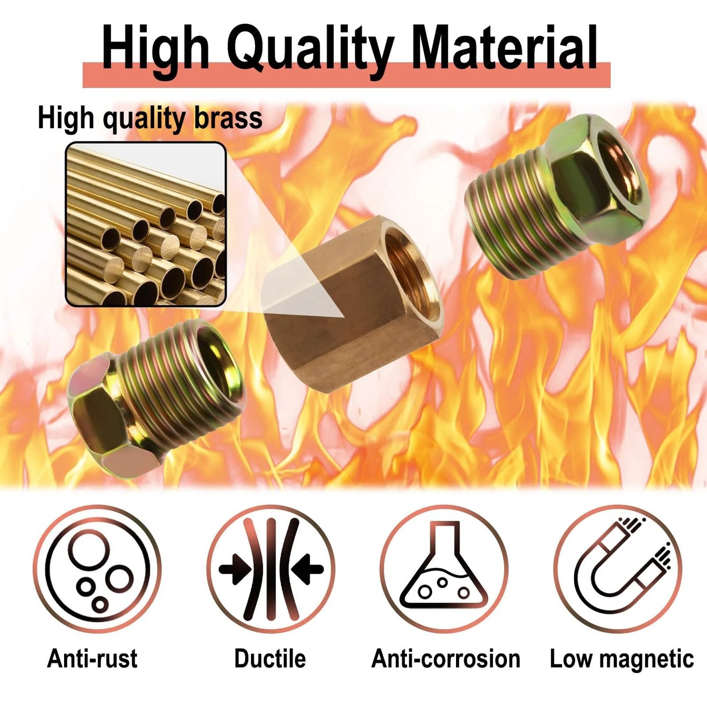 Brass Brake Line Fittings Kit for One Quarter Inch Tubing With Seven Sixteenths Inch Twenty Four Threads Twelve Piece Assortment Including Four Unions And Eight Nuts Pro Grade Rust Resistant High Quality Auto DIY Essential For Brake Line Installations display showing fittings and material