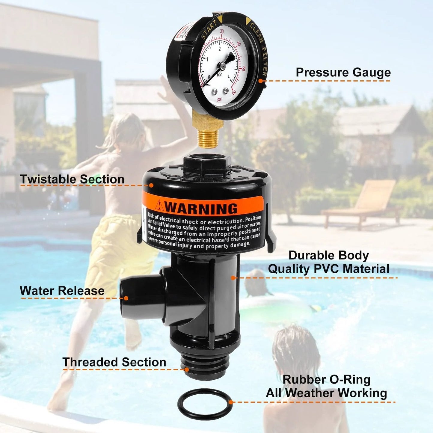 Manual Air Relief Valve Assembly With Pool Filter Pressure Gauge For Easy No Fuss Install And Long Life Compatible With Pentair Air Relief Valves FNS Clean And Clear Quad De 4000 Series Spa And Pool Filters, showing pressure gauge and connections.