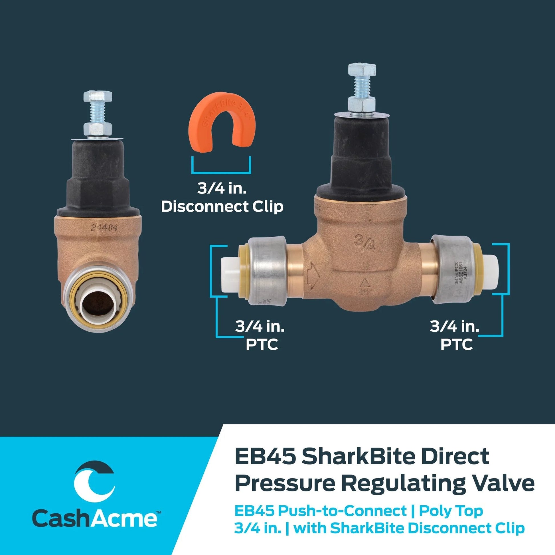 Direct 3/4 Inch Push To Connect Pressure Regulating Valve With Disconnect Clip And Poly Top 60 PSI SharkBite Compatible EB45 PRV in packaging, front view.
