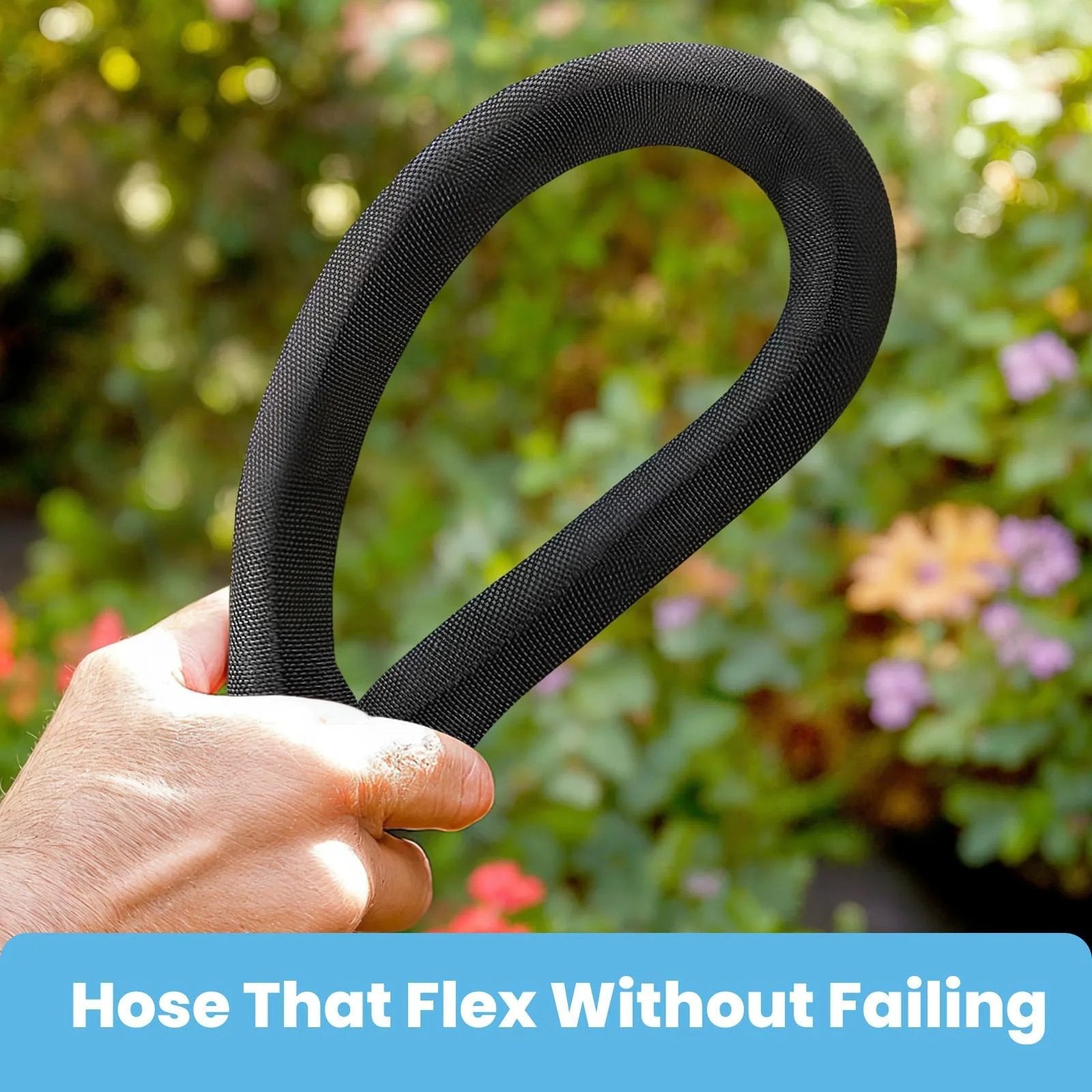Person holding Non-Expandable 50 Ft Garden Hose Lightweight Ultra Flexible Water Hose With Burst Resistance in a garden setting.