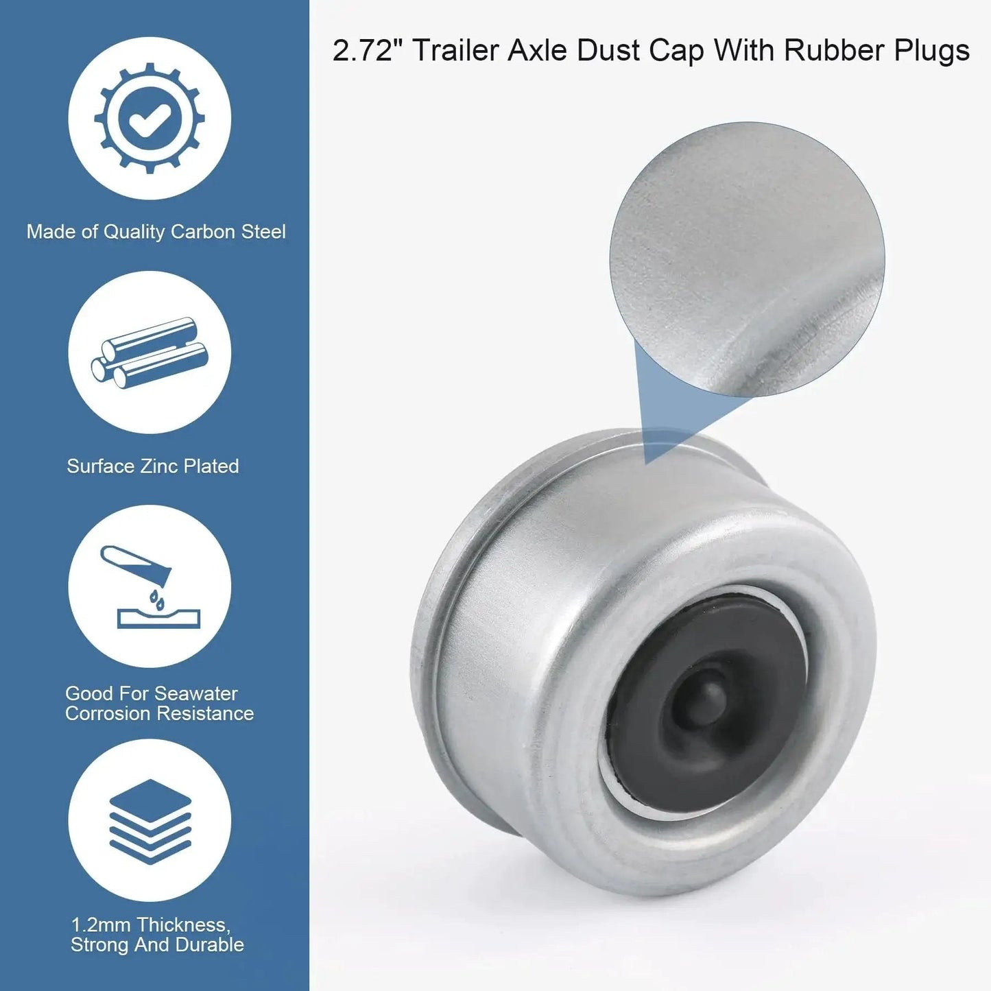 Close-up of Beefy Heavy Duty Trailer Axle Wheel Hub Dust Cap Set Four Pieces Two Point Seven Two Inch for 7000 8000 lb hubs.