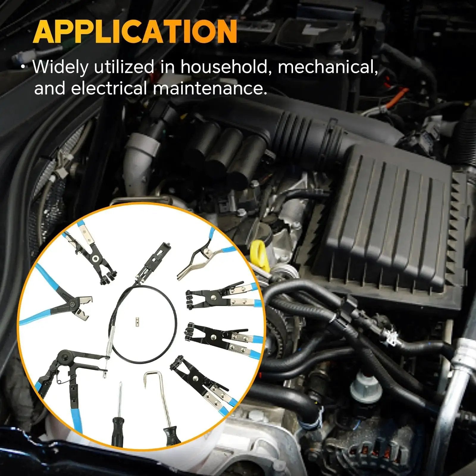 Long Reach Hose Clamp Pliers Set for Auto Fuel Oil Water Hoses 9 Pieces shown in use in car engine bay