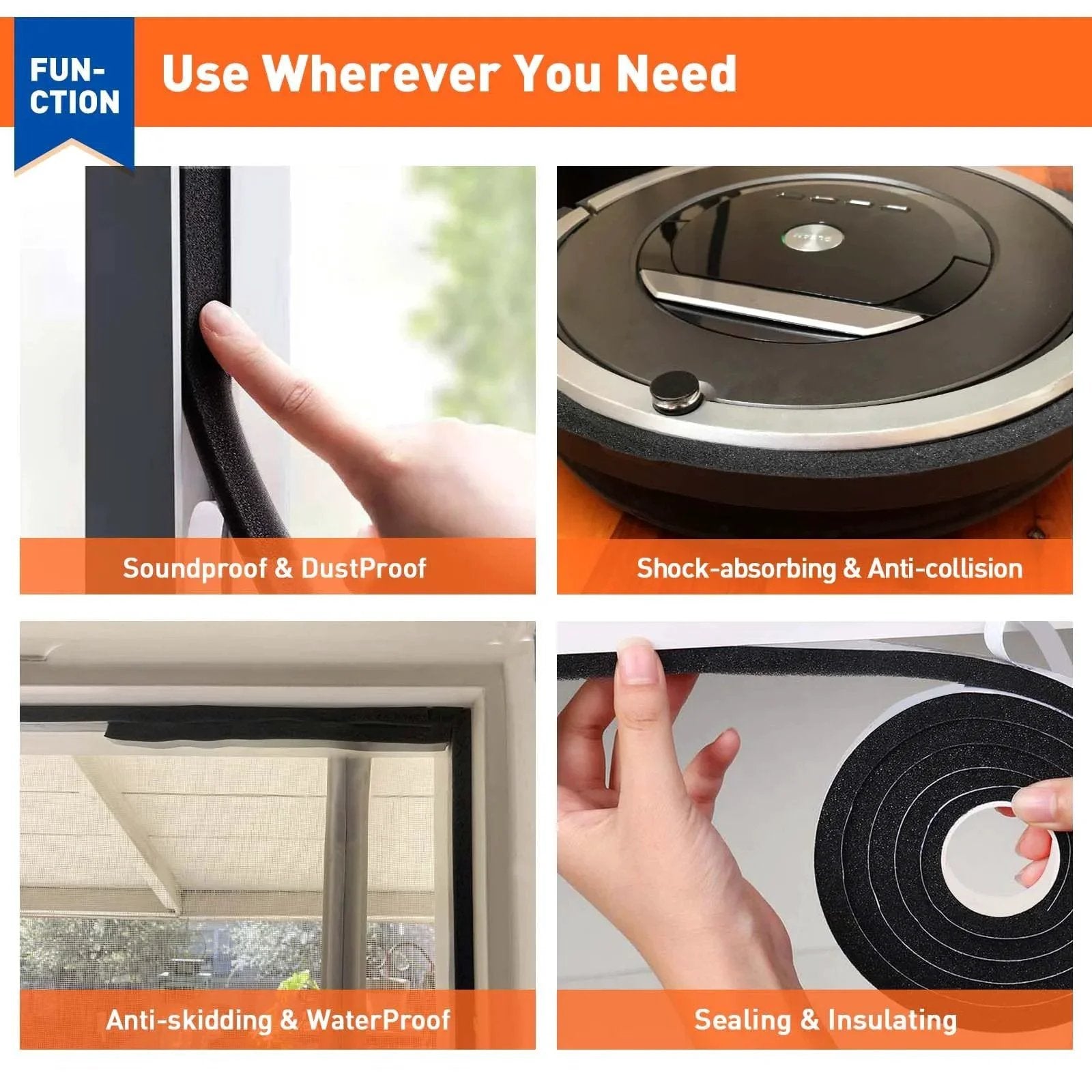 Ultimate Must Have Weather Stripping Door Seal One Inch Wide One Inch Thick Foam Tape For Window Insulation shown installed on window and used for soundproofing, dustproofing, sealing, and insulating applications.