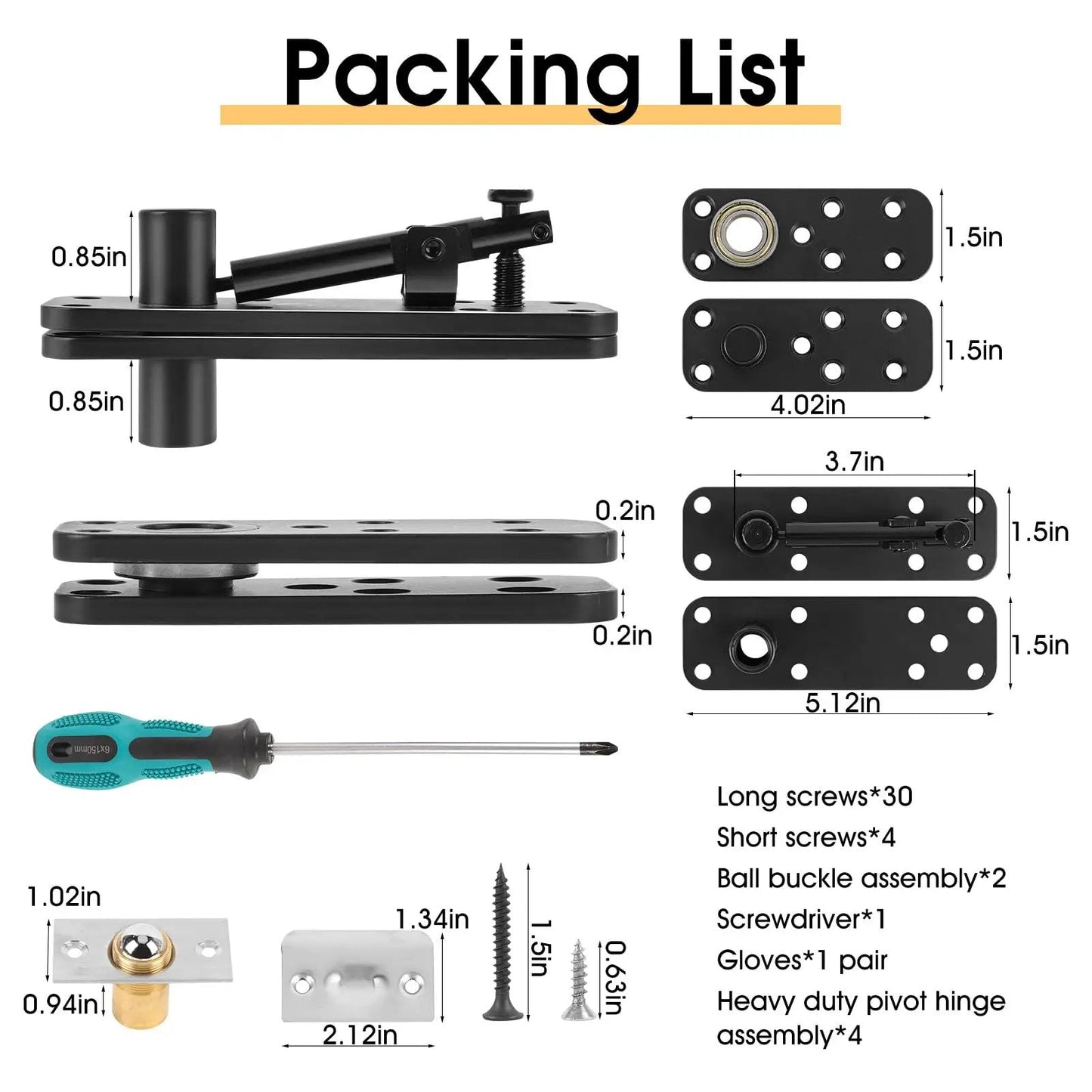 Image showing the components of a Hidden Pivot Door Hinge Kit Black 360 Degree Swing Hinges, including screws and screwdriver.