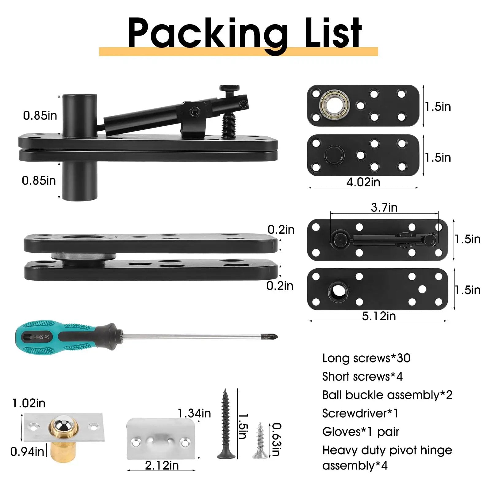 Image showing the components of a Hidden Pivot Door Hinge Kit Black 360 Degree Swing Hinges, including screws and screwdriver.