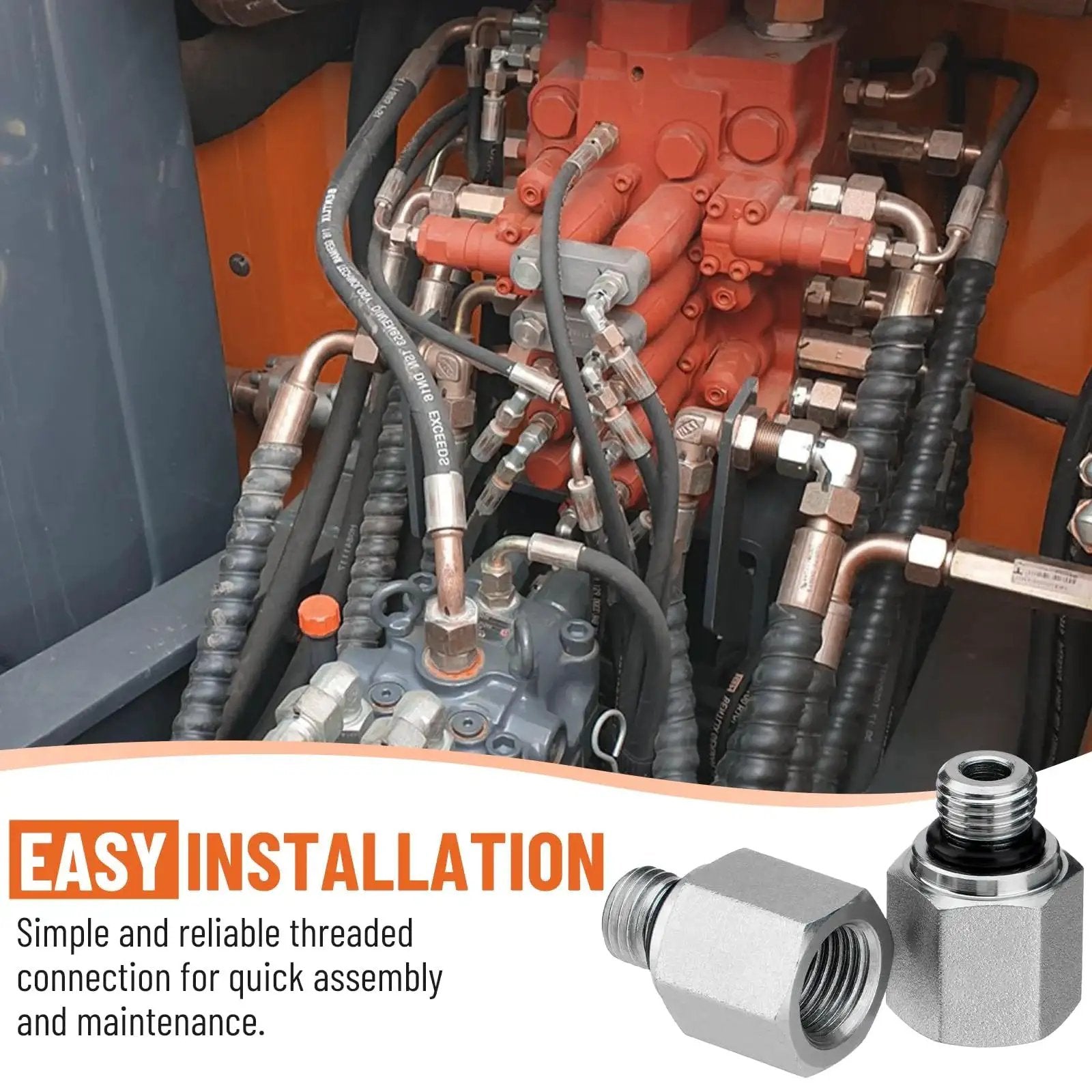 Heavy Duty Hydraulic Adapter Fittings Set Ten Pack Built Tough For High Pressure SAE ORB To One Quarter Inch NPTF Female Straight Tube Connectors With Protection Cover Premium Carbon Steel Zinc Plated For Corrosion Resistance Compatible With Parker 0502, installed in machinery with easy installation guide.