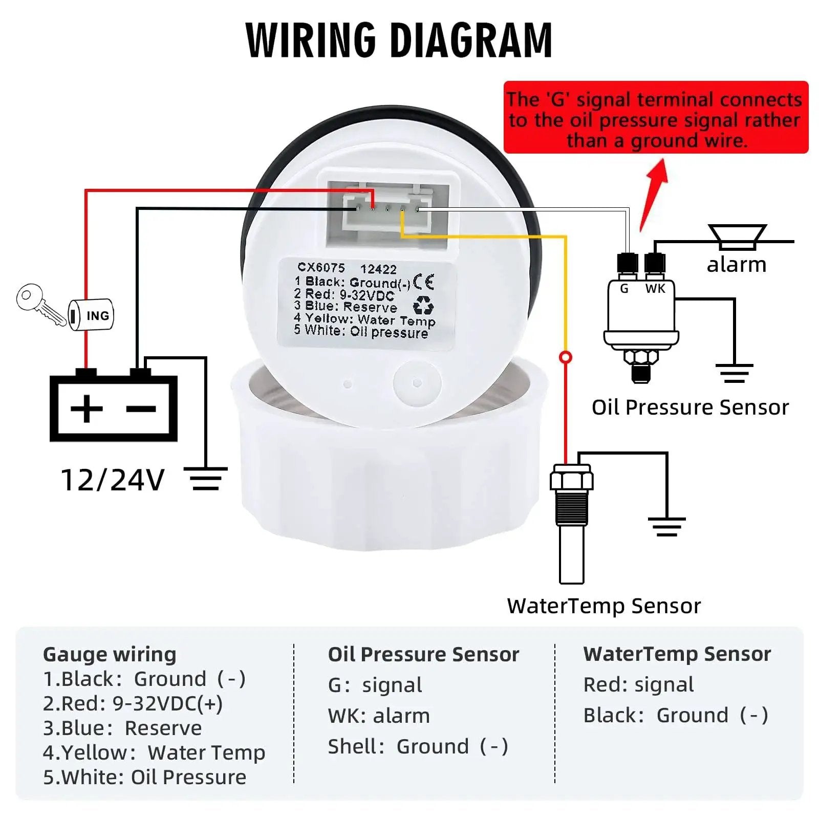 Wiring diagram for All In One 52mm 2-1/16 Inch Triple Gauge Kit with oil pressure, water temp, and volt display.