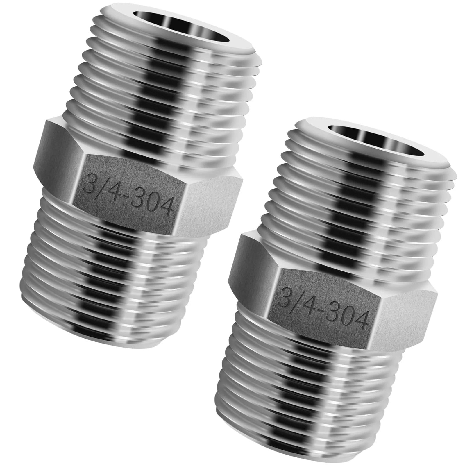 Stainless Steel 304 NPT Three Quarter Inch Hex Pipe Fitting, Heavy Duty 3000 PSI, One Inch Outer Diameter Male Thread Cast Adapter, 2 Pack