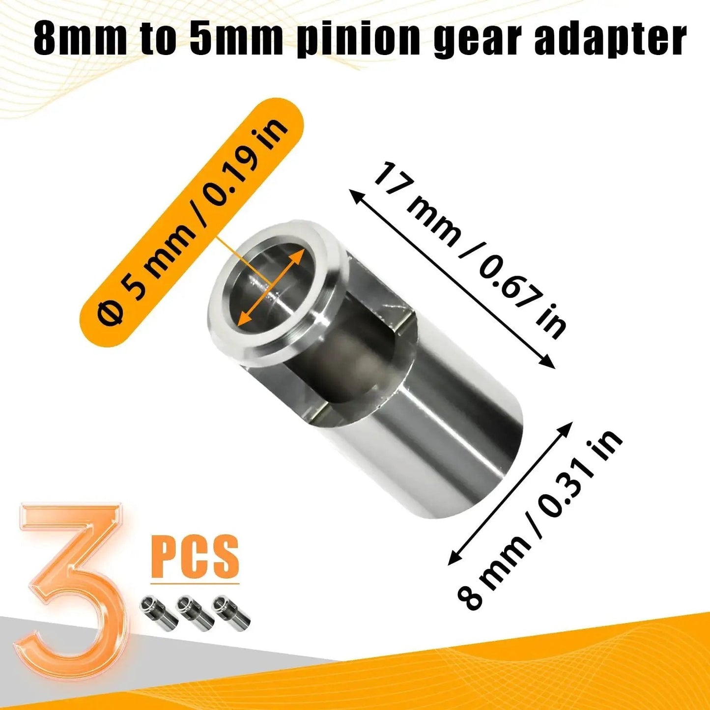 Universal 3Pcs 8mm To 5mm RC Gear Adapter Sleeve Stainless Steel Pinion Reducer Sleeve Driver Shaft, dimensions shown