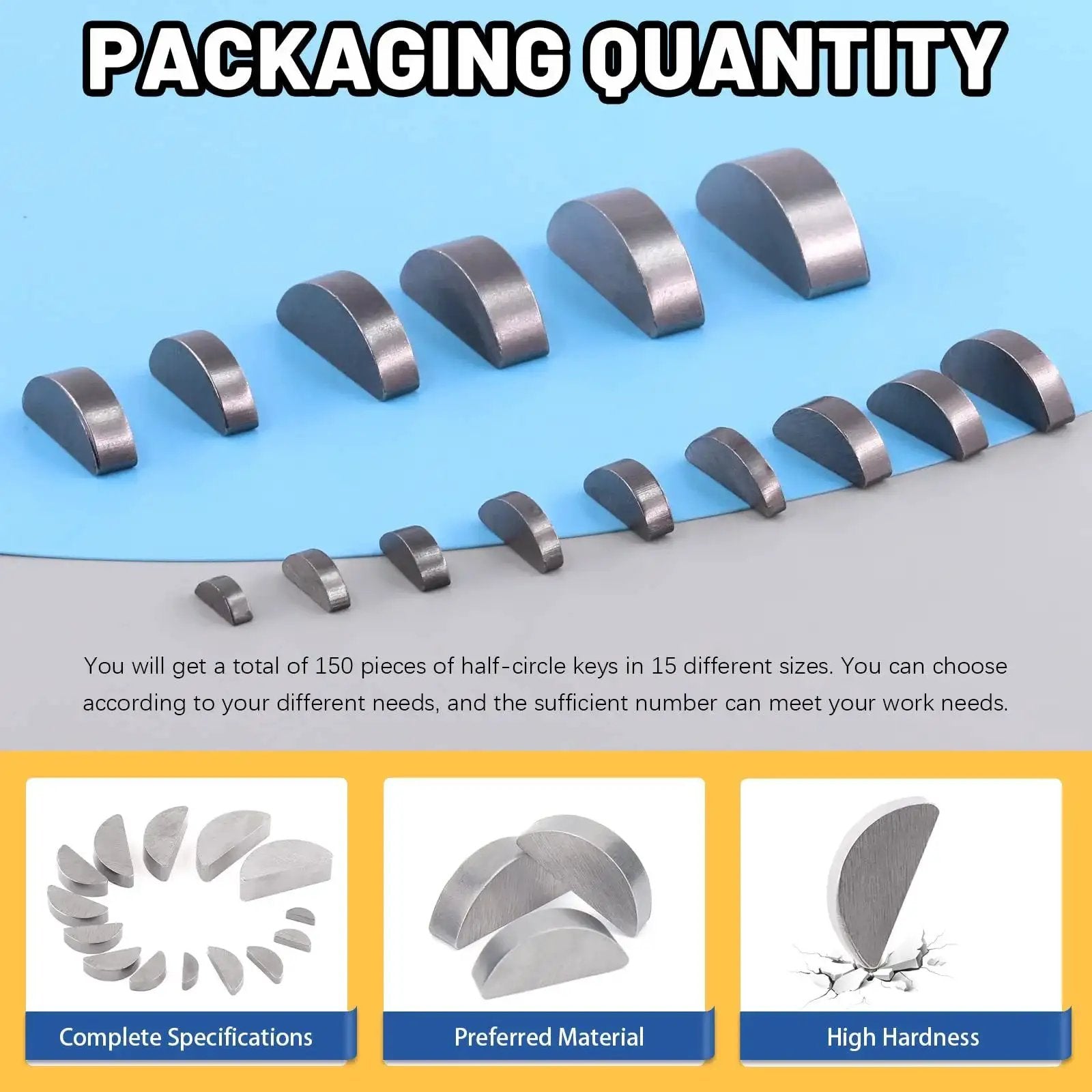 Woodruff Keys Kit Glarks 150 Pcs 15 Sizes Carbon Steel Semi Circular Keys Set displayed with varied sizes on a blue background.