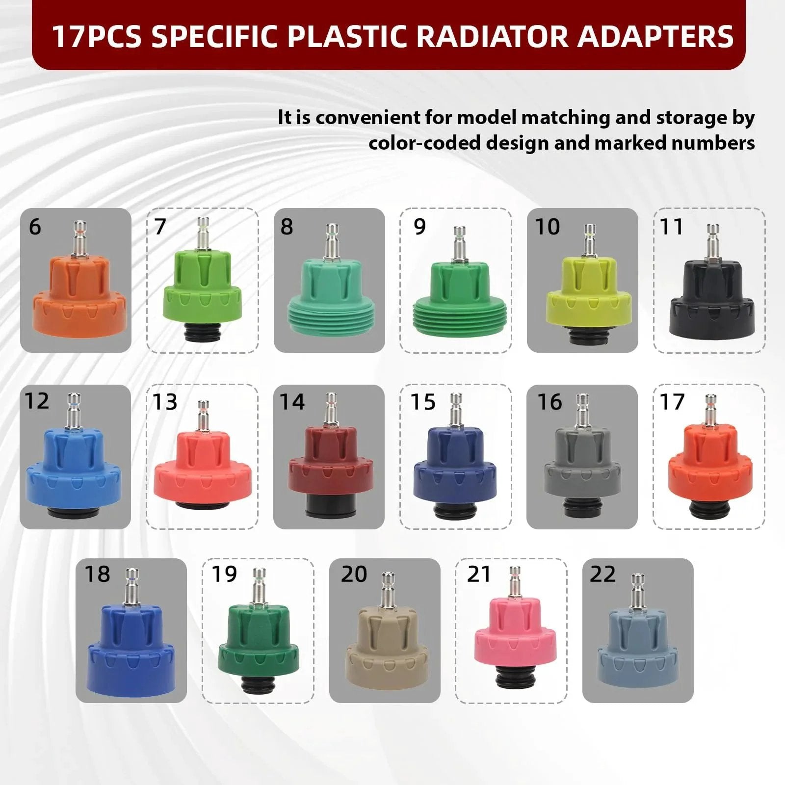 Coolant Vacuum Refill Kit With 23 Radiator Adapters And 31 Piece Tool Set Pressure Tester For Radiator Cooling System Vacuum Purge Tool And Diagnostic Kit For DIY Auto Maintenance By HZAUTOS showing 17 color-coded plastic radiator adapters.
