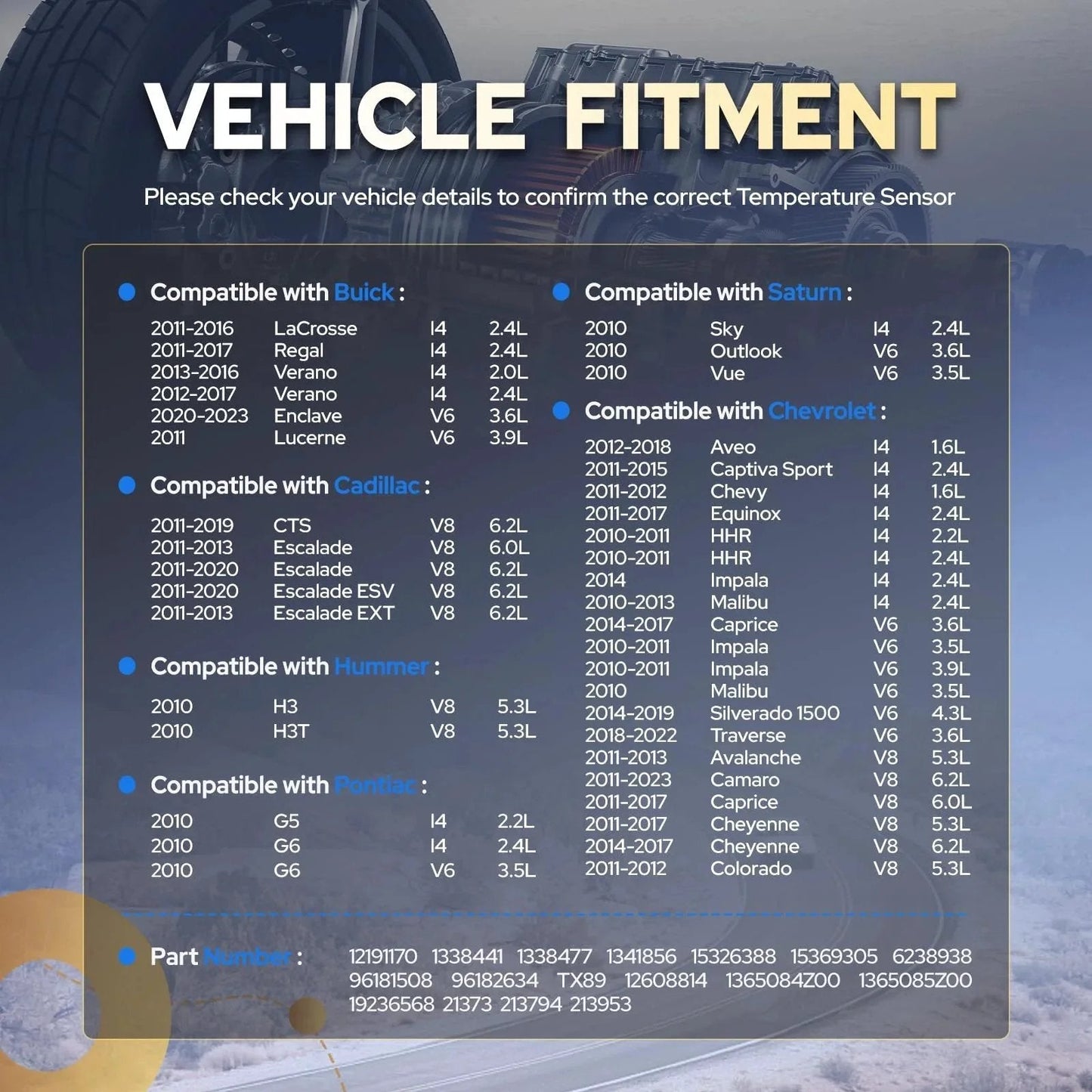 Chart showing vehicle fitment for Engine Coolant Temperature Sensor, compatible with Chevy, GMC, Buick, Cadillac, and more.