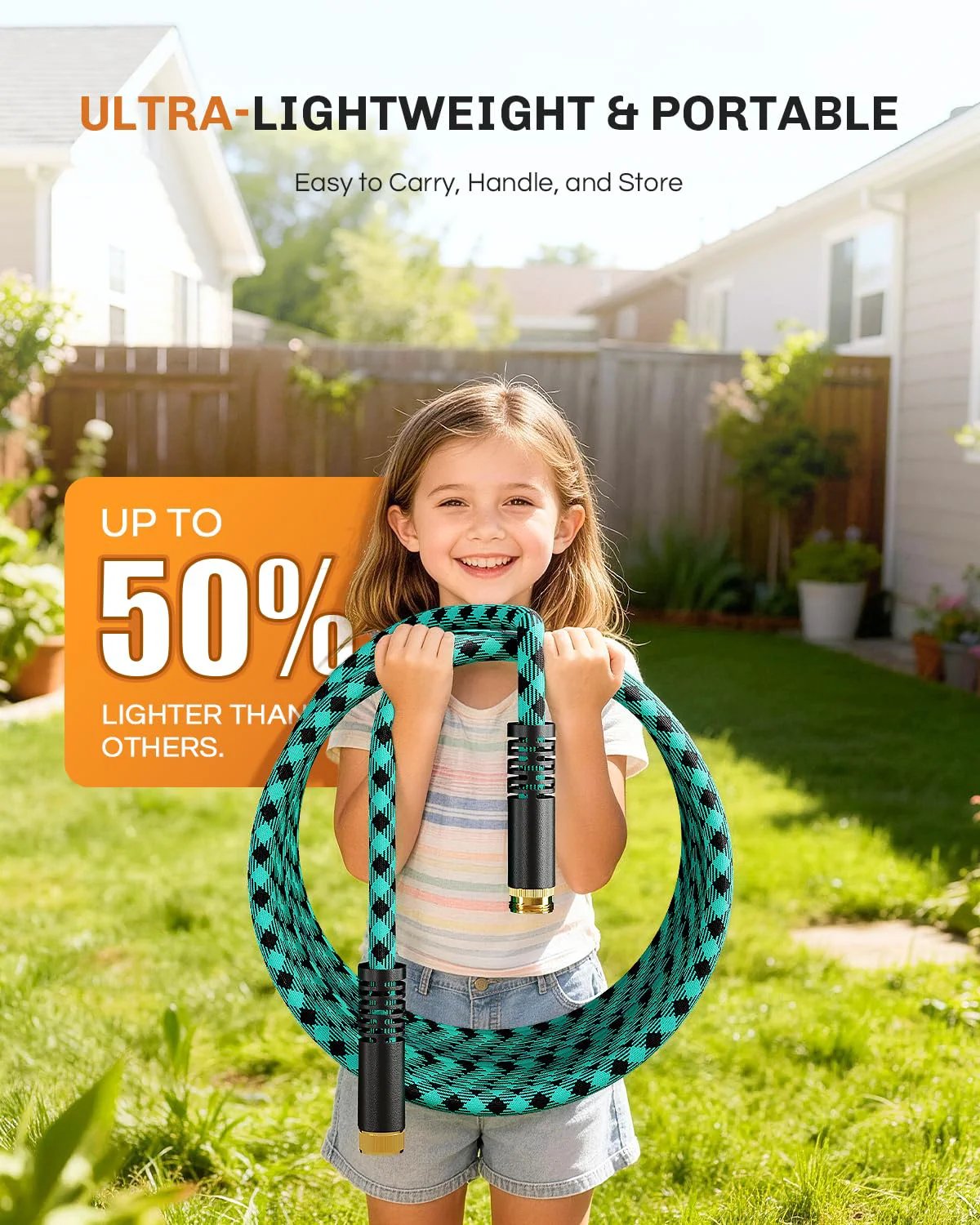 Child holding a blue and black Beefy 50 Ft Garden Hose Non Expanding Flexible Water Hose With 10 Function Sprayer in yard.