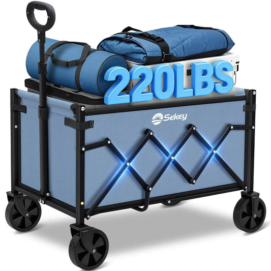 Heavy Duty Foldable Wagon Cart 220 Lb Capacity For Groceries Shopping And Garden loaded with camping gear