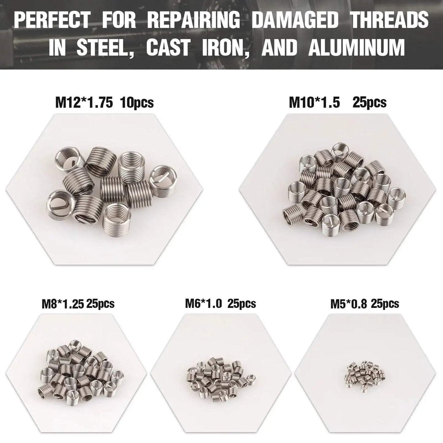 Helicoil Thread Repair Kit 131Piece Metric Set For M5 M6 M8 M10 M12 Automotive shown with different sized metal inserts