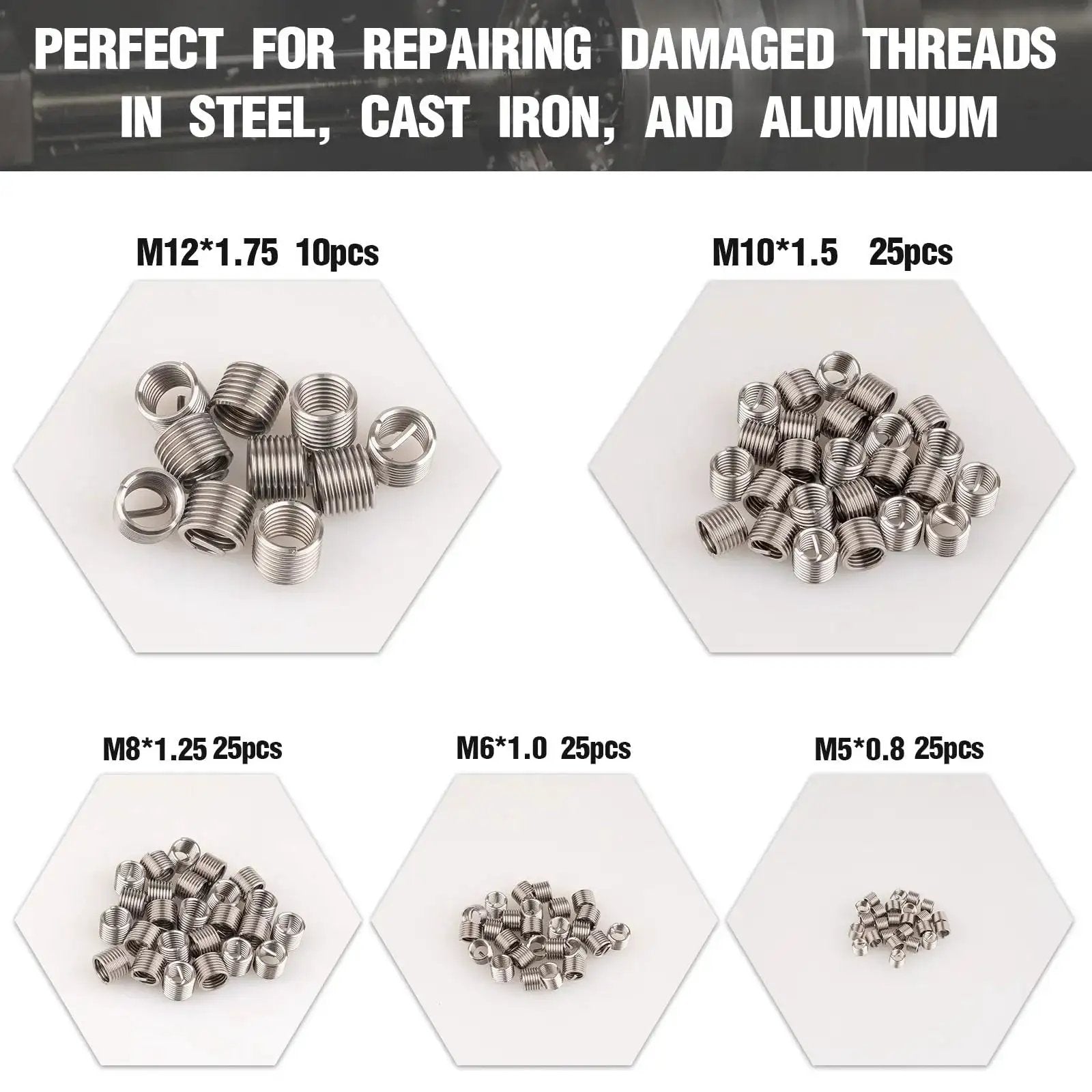 Helicoil Thread Repair Kit 131Piece Metric Set For M5 M6 M8 M10 M12 Automotive shown with different sized metal inserts