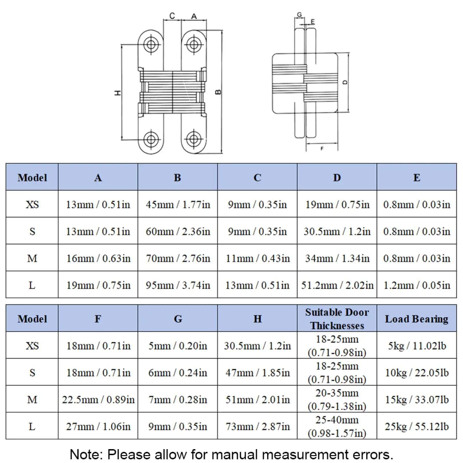 Diagram and size chart for Hidden Door Hinge Set 6 Pieces, Invisible Cross Hinge 180 Degree Folding, showing dimensions and load capacity.