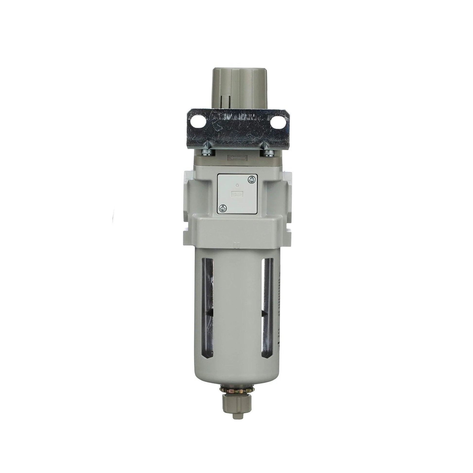 Front view of All In One One Half NPT Compressed Air Filter Regulator Piggyback Combo With Manual Drain Poly Bowl Bracket And Gauge By PneumaticPlus Ten Micron Element Preinstalled.