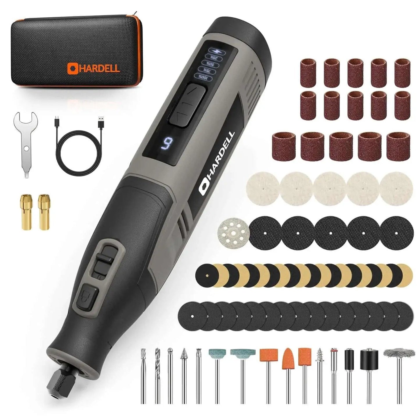 Powerful 4V Cordless Rotary Tool Kit With 80Pcs Accessories 4000mAh Battery 6 Speeds From 8000 To 28000 RPM With Digital Display For Cutting Sanding Polishing Drilling Engraving And DIY Crafts HARDELL Grey