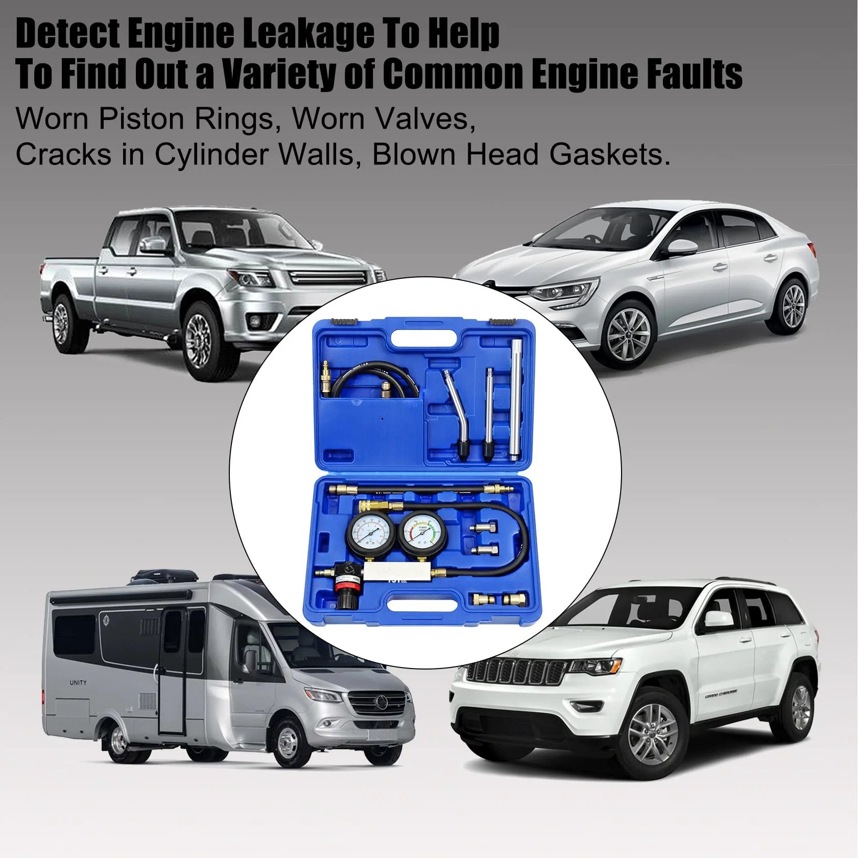 Leak Down Tester Kit For Cars And Small Engines With Dual Gauge Pressure Readout Garage Grade Extension Rods And 3 In 1 Cylinder Diagnostic Tool For Accurate Compression Checks And Leakage Rate Testing Blue, image of open blue kit with gauges and hoses.