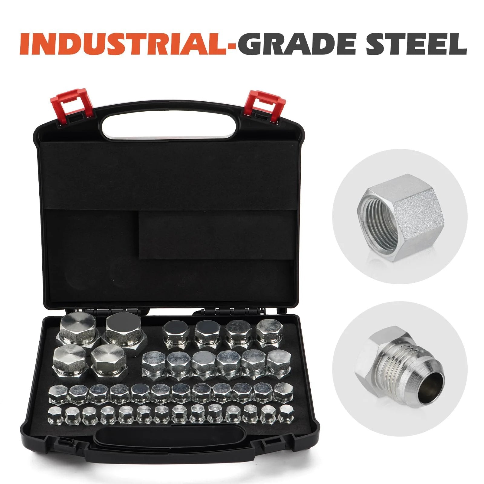 Leak-Proof JIC 37 Degree Flare Cap And Plug Kit, 80-Piece Hydraulic Fitting Set in black steel case, industrial-grade.