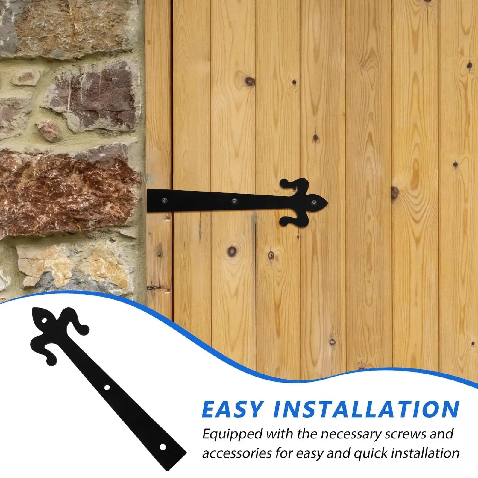 Shaped Shed Door Hinges Lift Off Hardware installed on wood door with stone wall, showcasing easy installation.