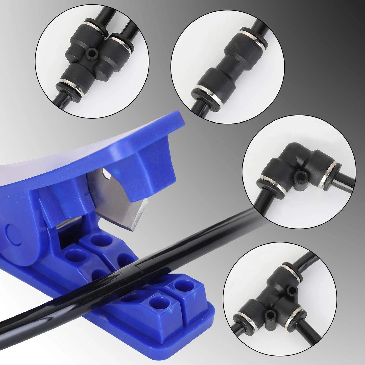 DIY Air Line Tubing Kit One Quarter Inch PU Tube 32.8 Feet With Push To Connect Fittings, includes tube cutter and fittings.