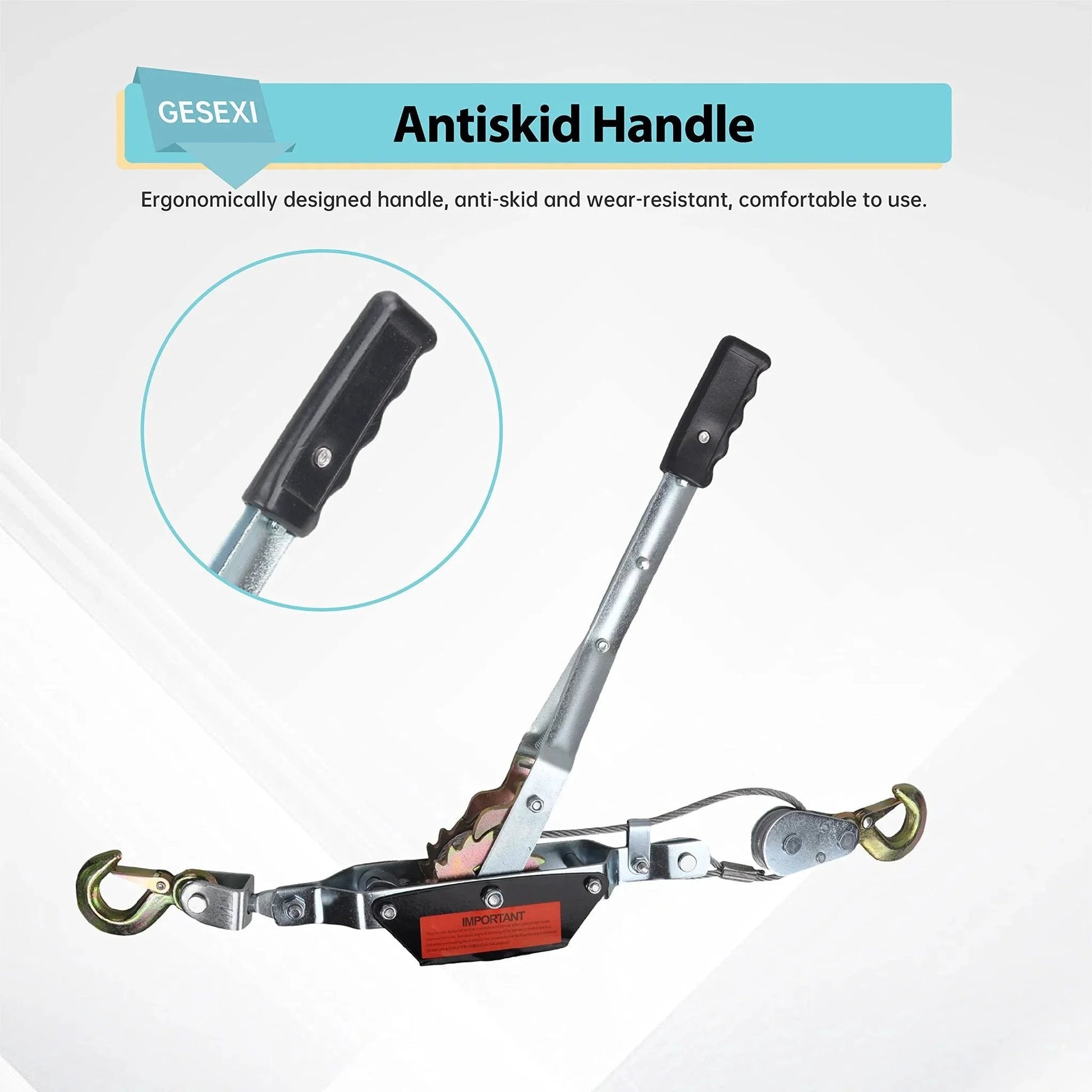 4 Ton Dual Gear Come Along Power Puller with antiskid handle and two hooks, steel cable, galvanized finish, 8800 lbs capacity.