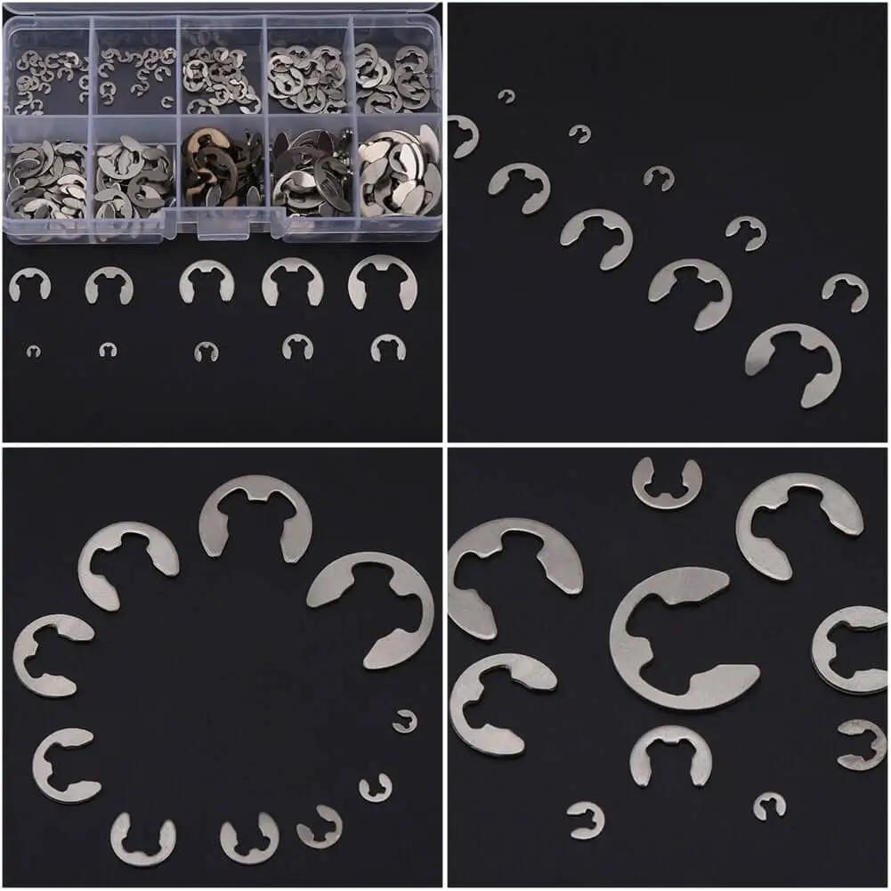 Heavy Duty E Clip Retaining Clip Kit For Gears Pulleys Axles And Engines, Heat Treated 304 Stainless Steel External Circlips, 200 Piece Assortment From 1.5mm To 10mm
