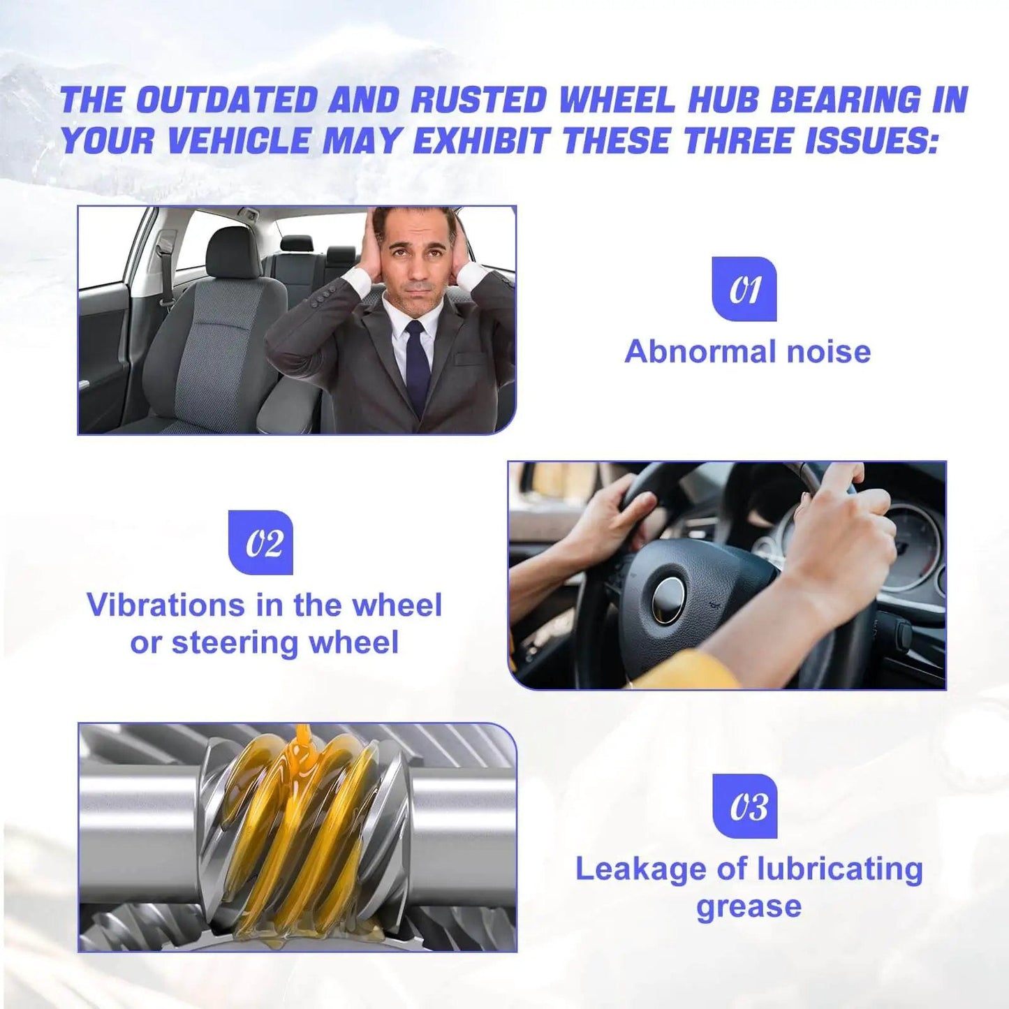Image illustrating outdated wheel hub issues: abnormal noise, wheel vibrations, and grease leakage.