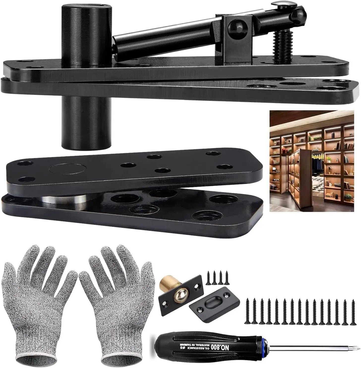Heavy Duty Hidden Door Pivot Hinge For 360 Degree Rotation, 573 Lb Load Bearing, Stainless Steel Concealed Door Hardware By Tuykay shown with installation kit.