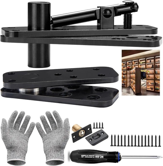 Heavy Duty Hidden Door Pivot Hinge For 360 Degree Rotation, 573 Lb Load Bearing, Stainless Steel Concealed Door Hardware By Tuykay shown with installation kit.
