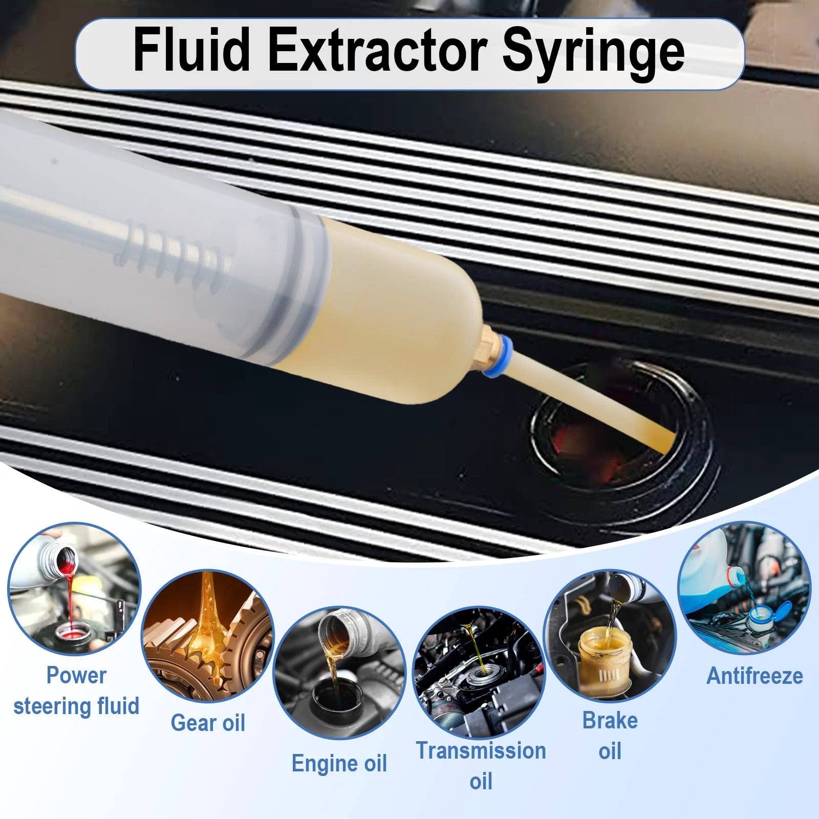 Fluid extractor syringe in use for oil extraction from engine, showing various oil types on circular icons below
