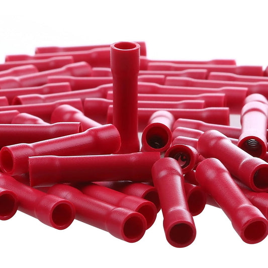 Red UL Listed Butt Connectors For 22-16 AWG Wire, 100 Pack Crimp Splice Terminals with Fully Insulated PVC Barrel close-up