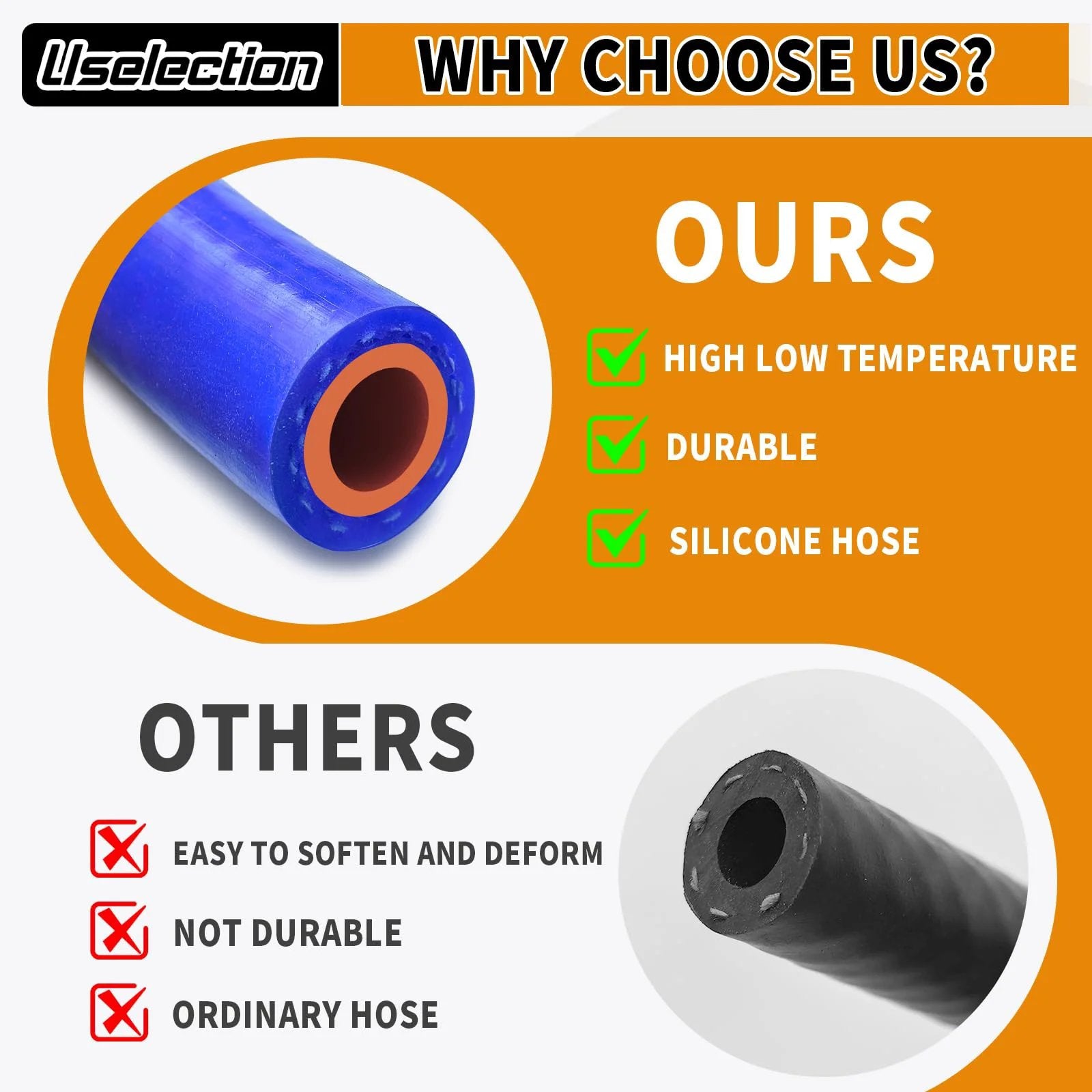 Blue beefed up half inch ID five foot silicone heater hose with polyester fiber reinforced, compared to ordinary hose.