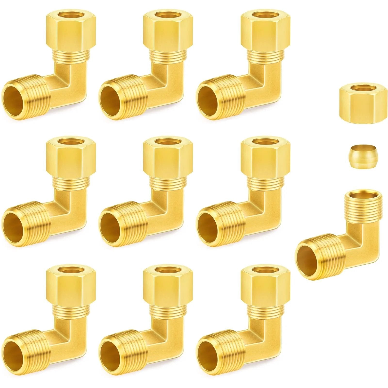 Brass Compression Tube Fitting Three Sixteenths Inch OD to One Eighth Inch NPT Male 90 Degree Elbow Connector 10 Pack
