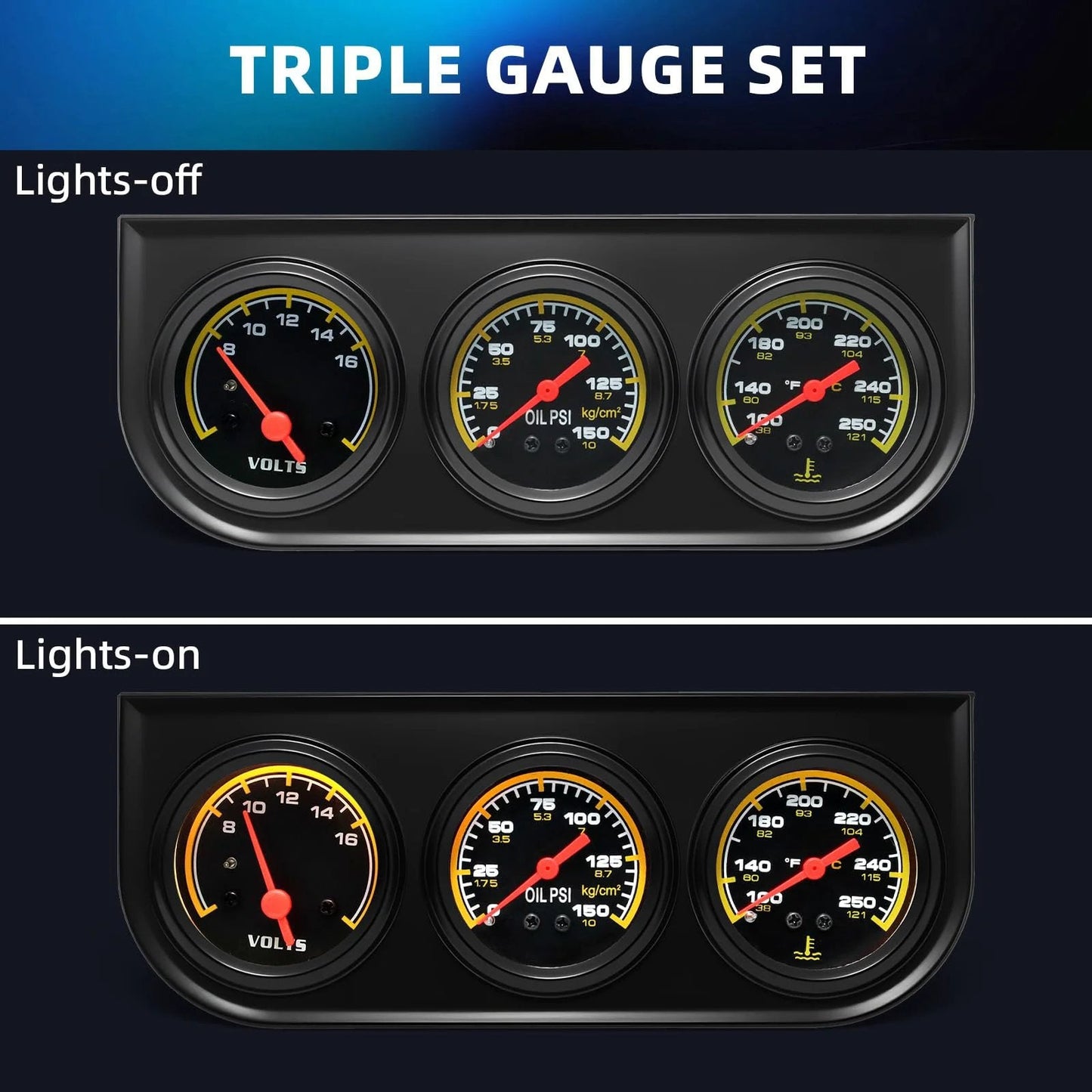 Pro Grade Triple Gauge Kit For Cars 52mm 2 Inch Voltmeter Oil Pressure Gauge 0 To 150 PSI And Water Temperature Gauge 100 To 280 Fahrenheit shown with lights on and off