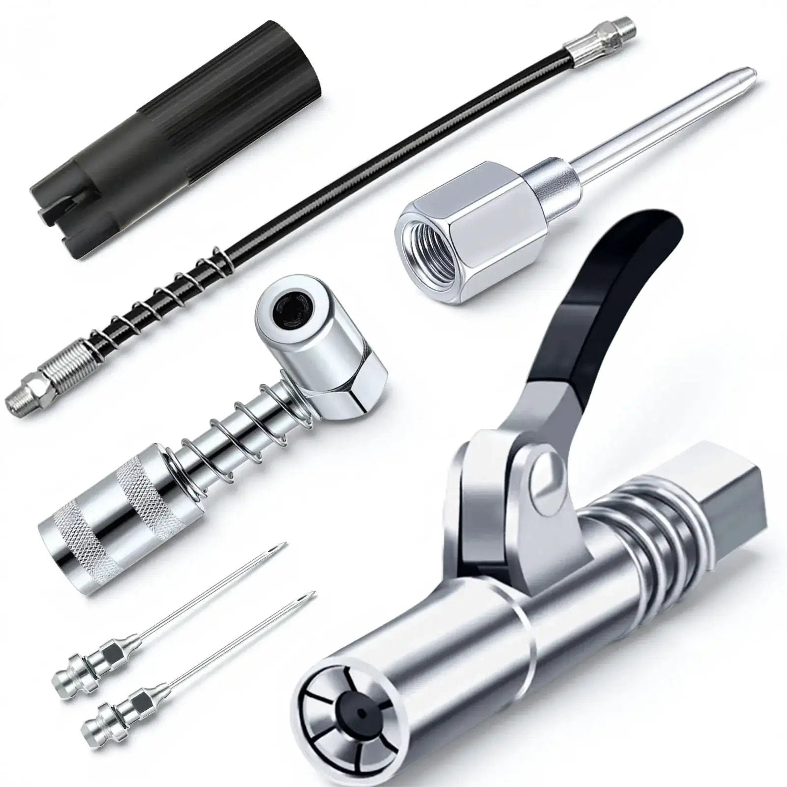 Grease Gun Accessory Kit With Needle Dispenser And Two Needle Nozzles, 90 Degree Coupler Adapter With Sleeves, Durable Grease Gun Coupler, 12 Inch Hose, And Zerk Fitting Cleaner displayed