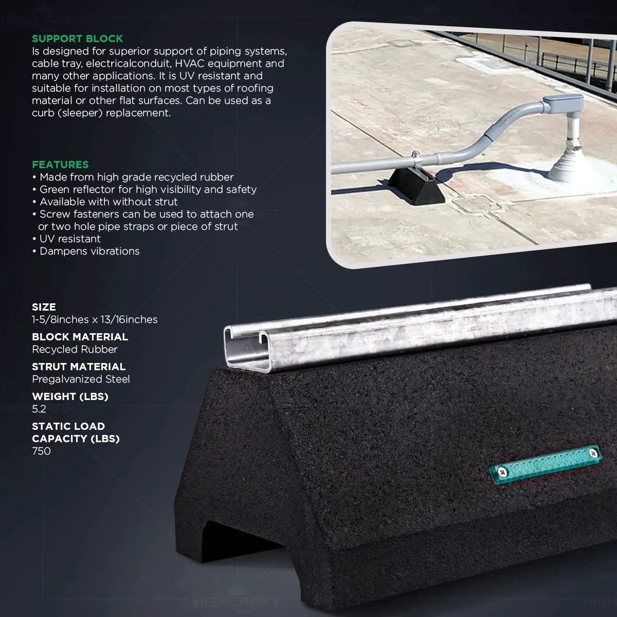 Rooftop Pipe Support Block With Galvanized Steel Strut For Conduit And HVAC Workhorse Sleeper Curb Replacement 750 Pound Capacity Five And Three Quarters Inch By Ten Inch Block Recycled Rubber Black shown installed on flat roof and in close-up detail.