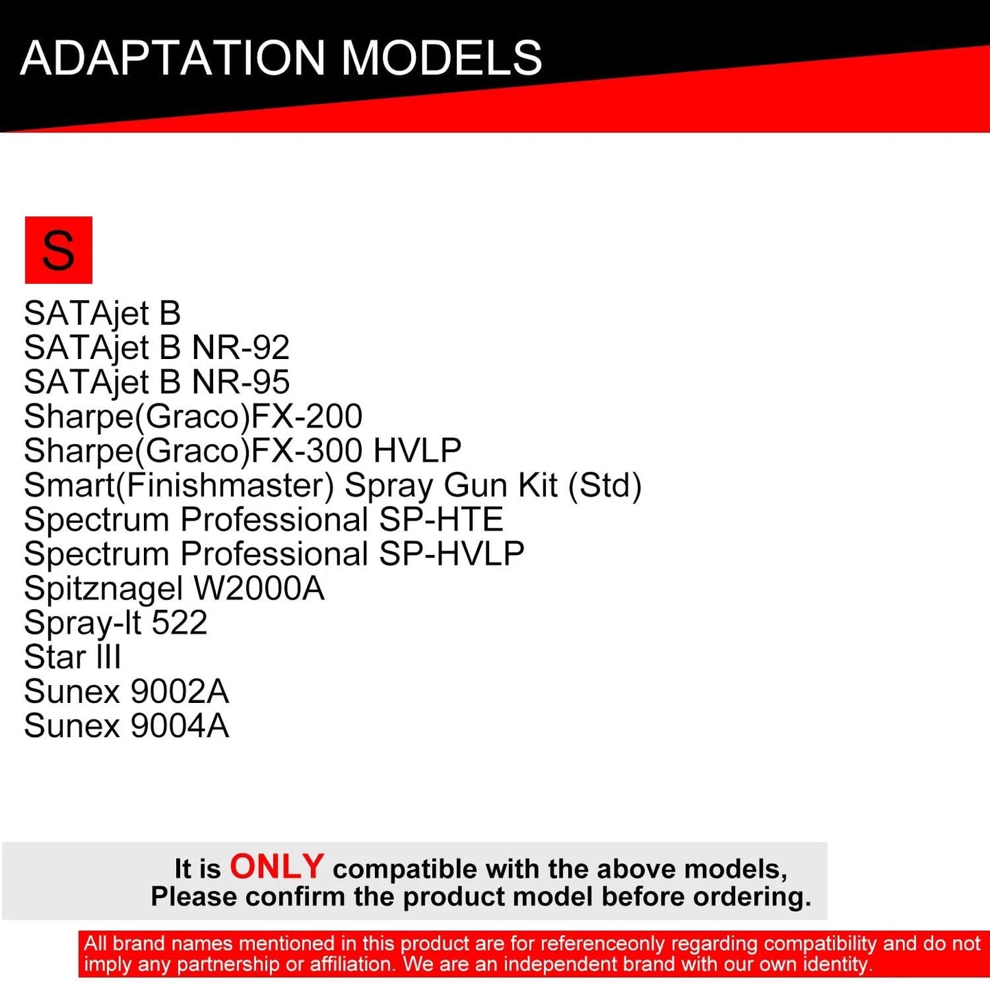Chart listing compatible spray gun models for a Heavy Duty PPS 2.0 Spray Gun Adapter For 16 Mm Female S2c.
