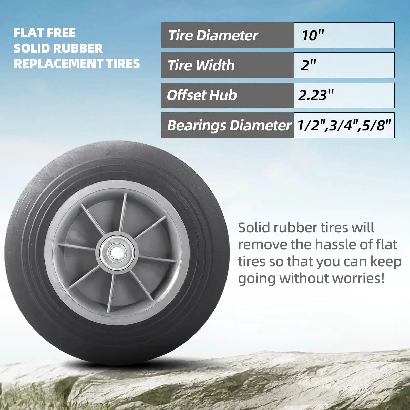 Two Pack 10 Inch Flat Free Solid Rubber Tire And Wheel Assembly with grey rubber wheel and size specifications chart