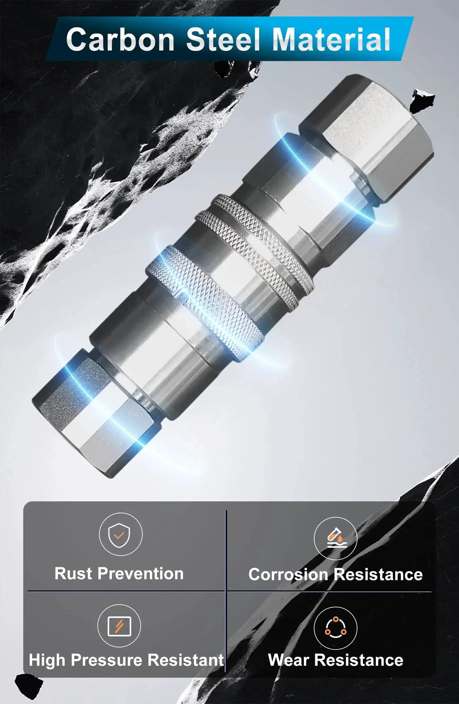 Flat Face Hydraulic Quick Connect Couplers Set With Dust Caps One Half Inch NPT ISO 16028 Standard, carbon steel material