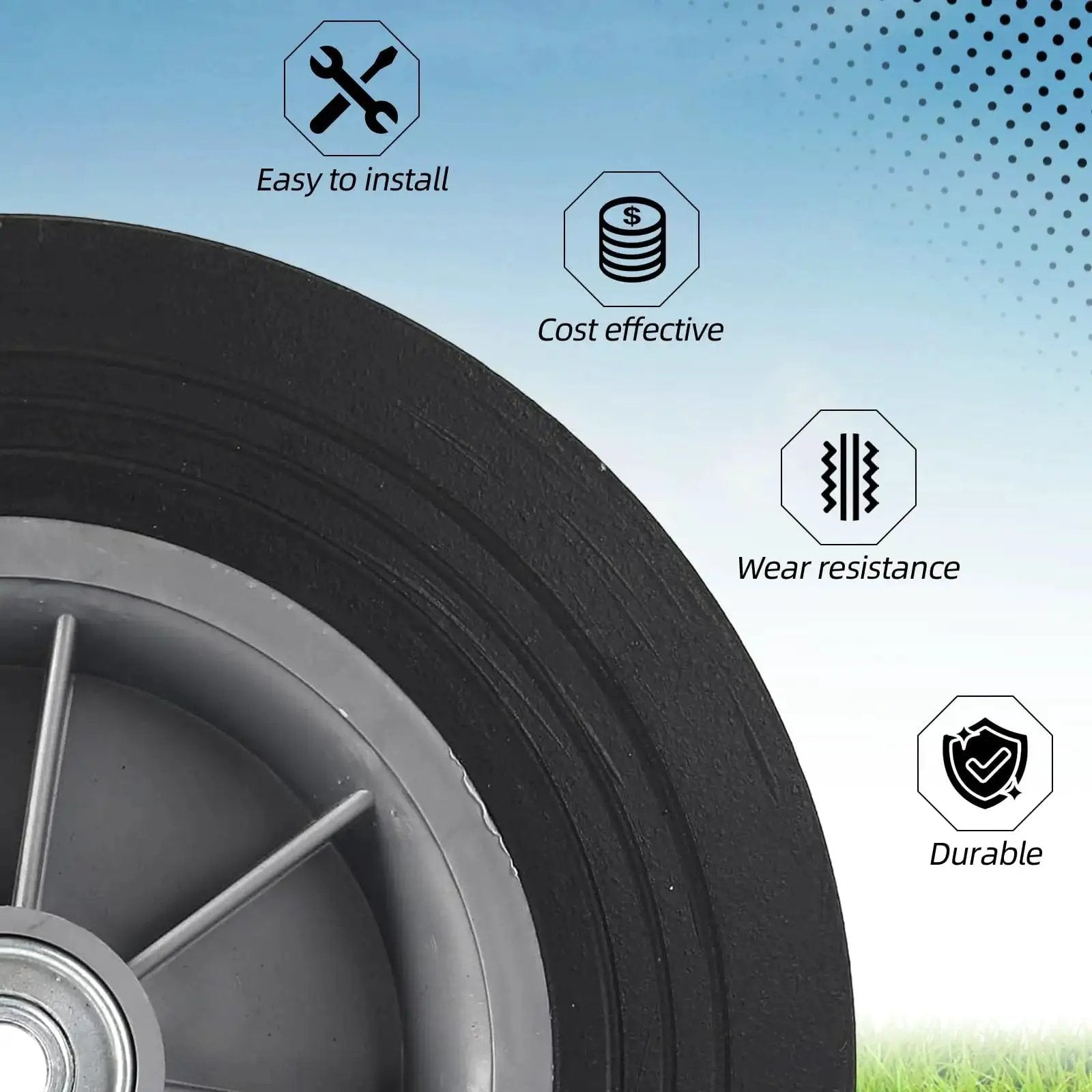 Close-up of Two Pack 10 Inch Flat Free Solid Rubber Tire And Wheel Assembly showcasing ease of install, cost effectiveness, and durability.