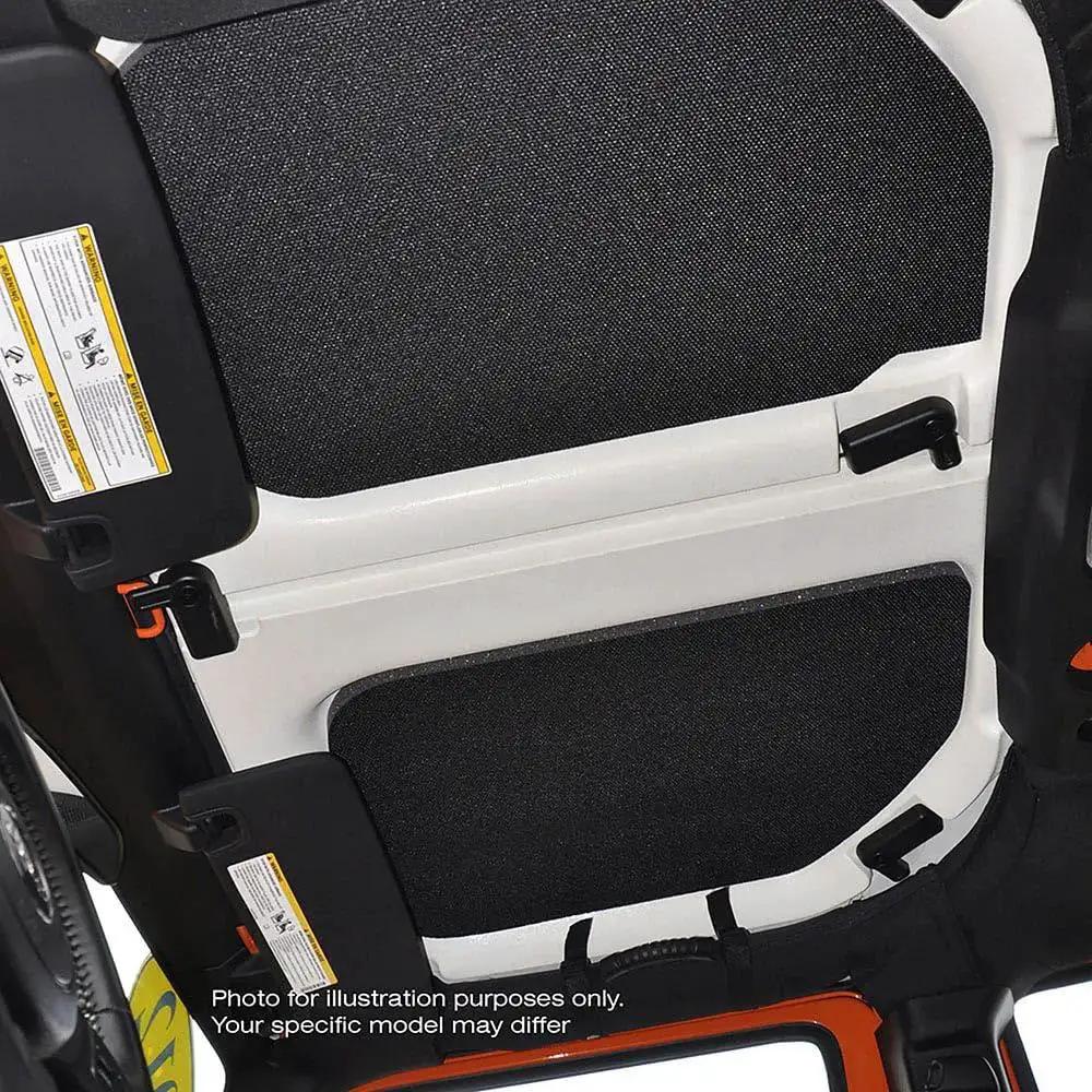 Installed Boom Mat Black Sound Deadening Headliner for Jeep Wrangler JL 2018 up custom fit in hard top interior view.