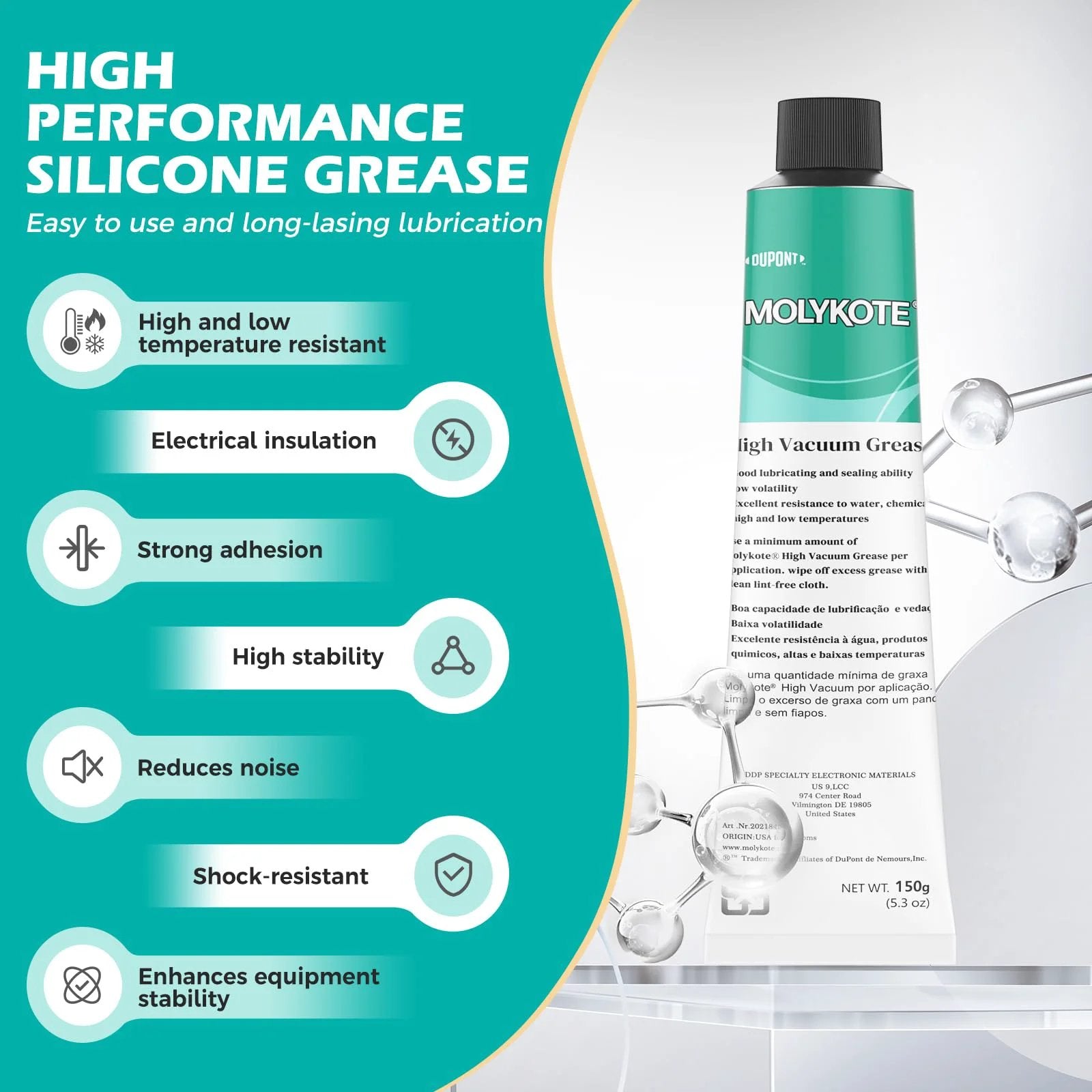 Pro Grade High Vacuum Silicone Grease 150g Tube For Vacuum And Pressure Systems Rubber Elastomer Lubrication Valves Seals O Rings Water And Chemical Resistant Wide Temperature Range Nonmelting NLGI 3-4 shown with packaging and features